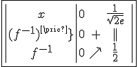 \fbox{\begin{tabular}{|c|cccc||}x&0&&\frac{1}{sqrt{2e}}&\\{(f^{-1})'}&0&+&||&\\{f^{-1}}&0&\nearrow&\frac{1}{2}&\\\end{tabular}}